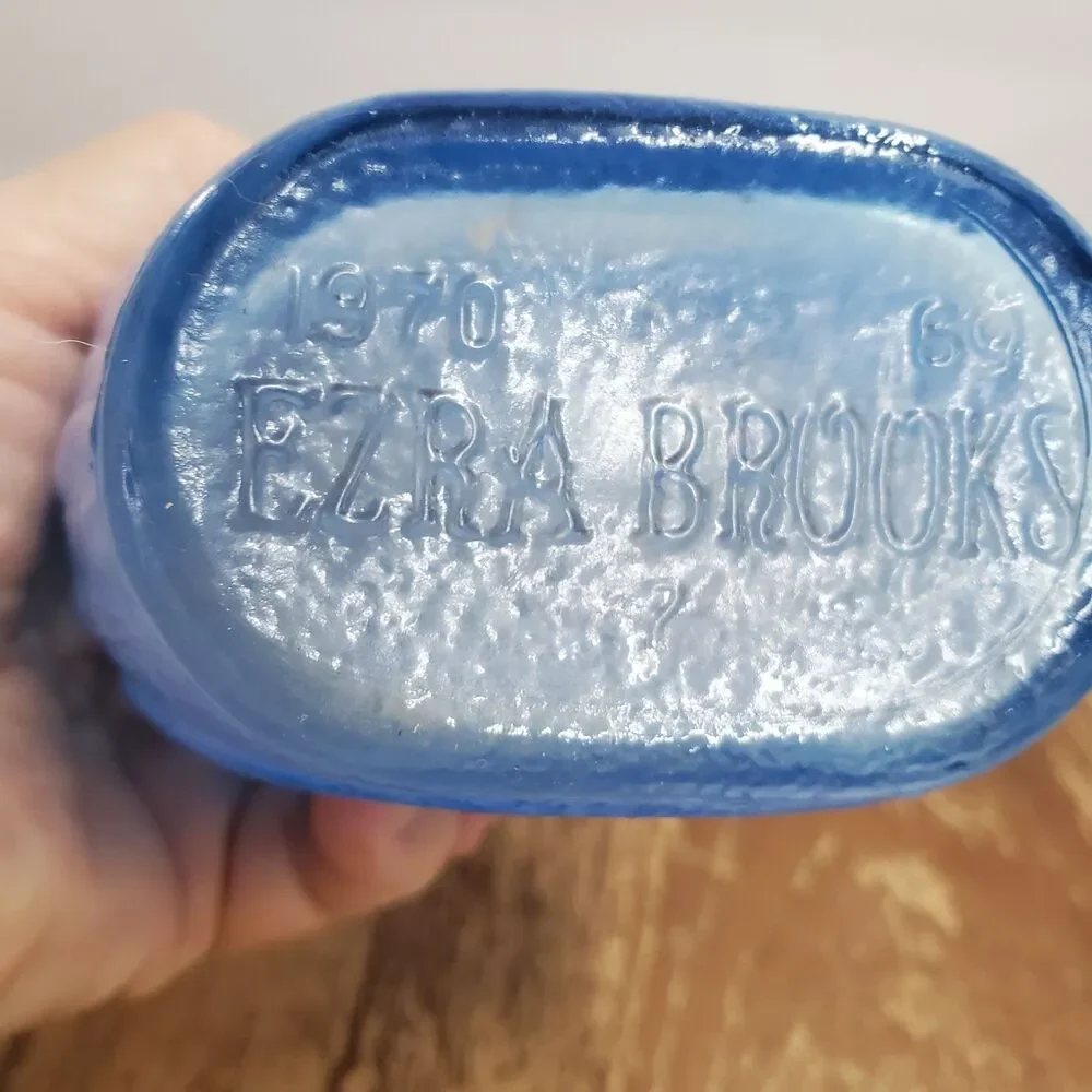 1970 Ezra Brooks Never Surrender Blue Glass Whiskey Bourbon Decanter Bottle